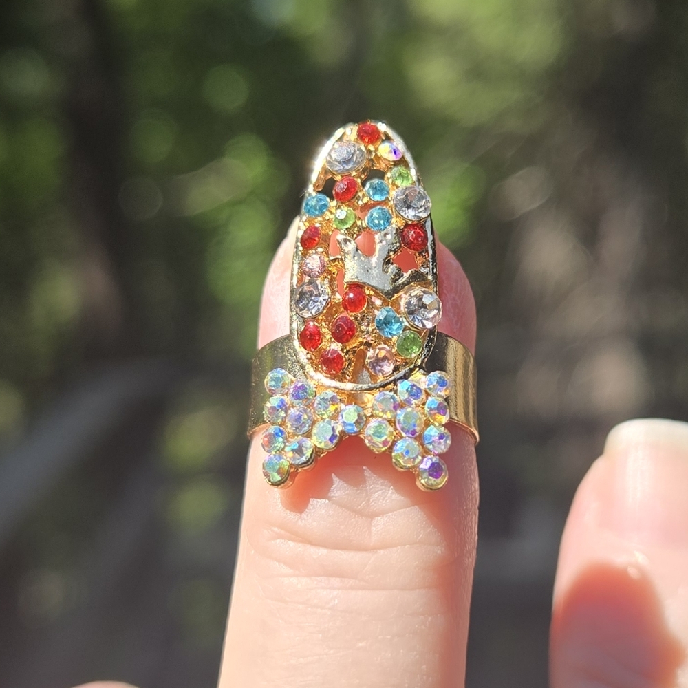 Multi Colored Ornate Gold Bow & Crown Nail Ring - Picture 3 of 8